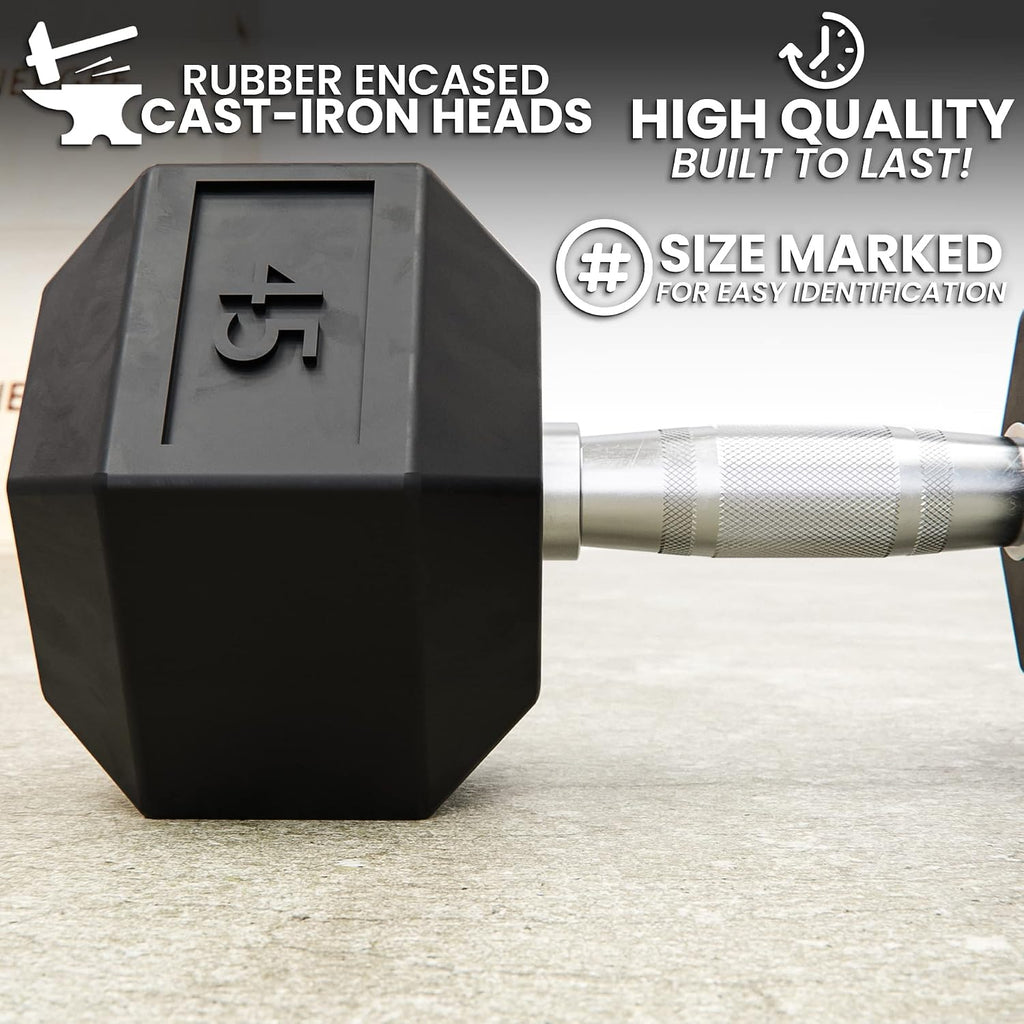 Synergee Rubber Encased Hex Dumbbells with Chrome Handle. All Purpose Weights for Strength & Conditioning Training. Available Size From 2.5 lbs to 50 lbs.
