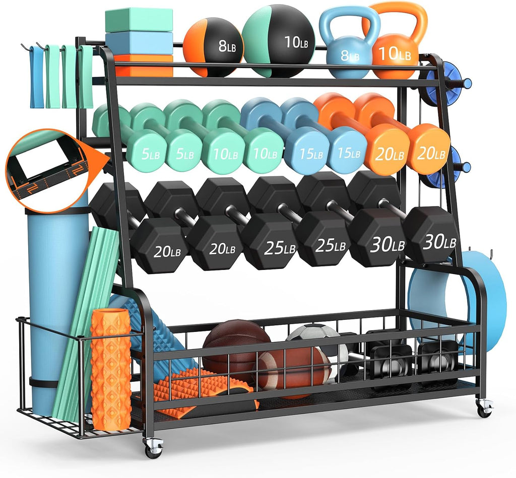Upgraded XXL Dumbbell Rack Weight Stand - Bonvork Adjustable Weight Rack for Dumbbells, Home Gym Storage Rack With 3MM Thickened Angle Iron for Balls,Yoga Mat, Workout Equipment Organizer With Wheels