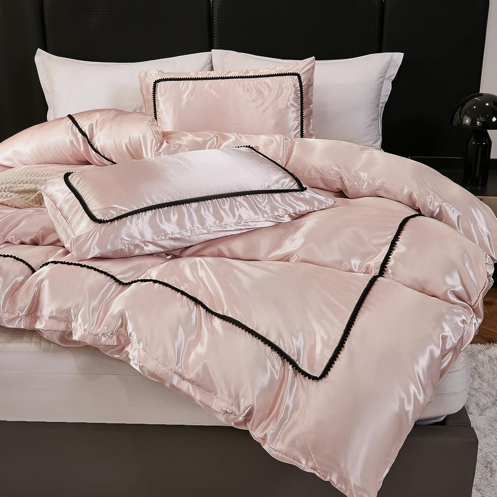 Herside Pink Mocha Satin Comforter Set 7 Pcs King Size Bed in a Bag Luxury Satin Bedding Set with Comforter Pillowcases and Sheets Sets Mini Pompoms Design Super Soft Silky Bed Set for All Seasons
