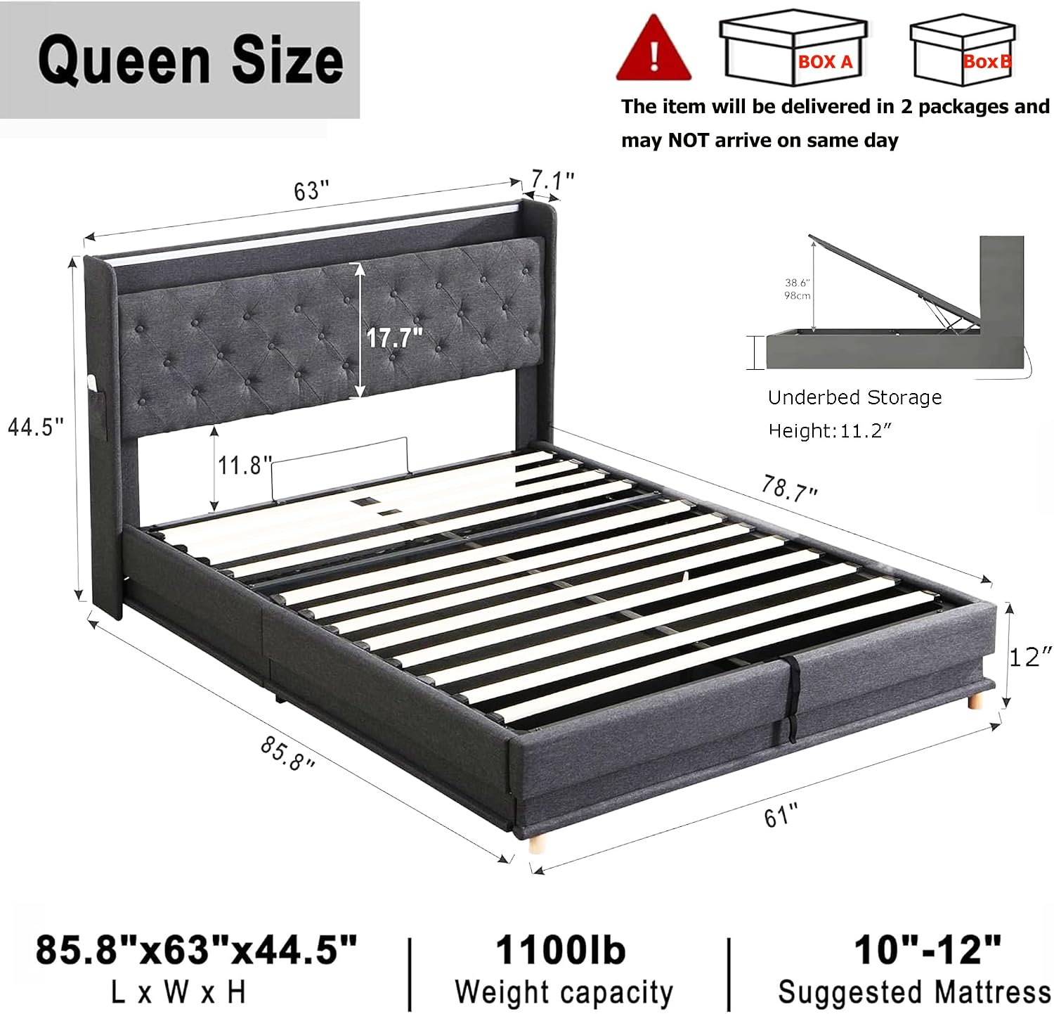 Ailisite Lift Up Storage Queen Bed, Upholstered Platform Bed with Button Tufted Wingback Storage Headboard, Bed Frame Queen Size with Led Lights and Charging Station, No Box Spring Needed, Grey