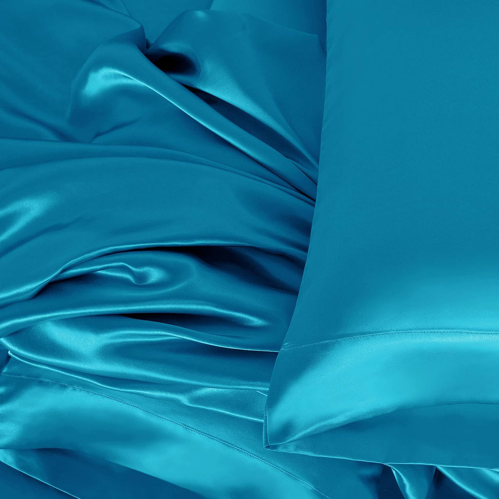 16 Momme 100% Mulberry Silk Bedding Set RV King Size 4-Piece Luxury (2 Pillowcases, 1 Fitted Sheet, 1 Flat Sheet) - 6A Grade Natural Silk Fits 22-25' Deep Pocket (Solid, Turquoise)