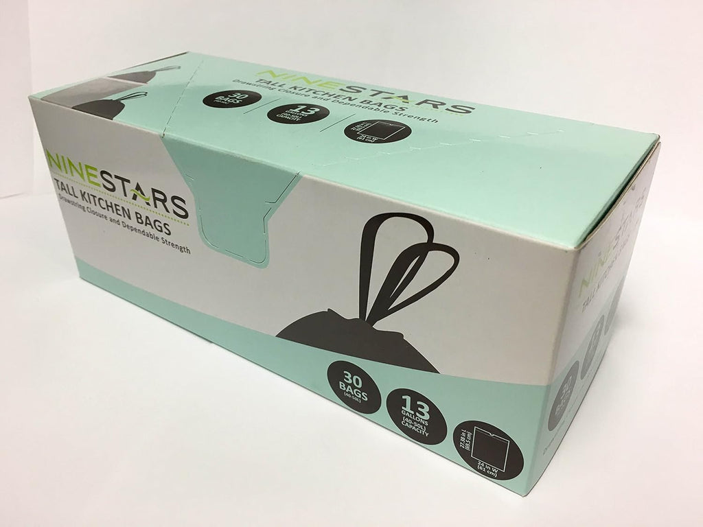 NINESTARS NSTB-13-30 Extra Strong White Trash Bag w/Drawstring Closure, 13 Gal. / 49 L., 30 count, Packaging may vary (Pack of 12)
