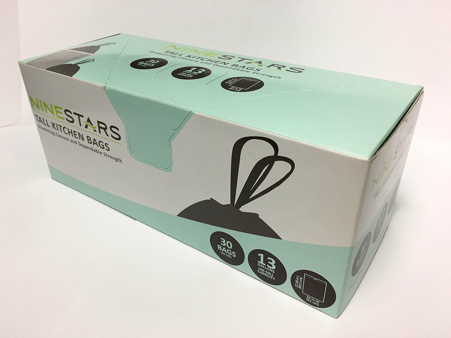NINESTARS NSTB-13-30 Extra Strong White Trash Bag w/Drawstring Closure, 13 Gal. / 49 L., 30 count, Packaging may vary (Pack of 12)