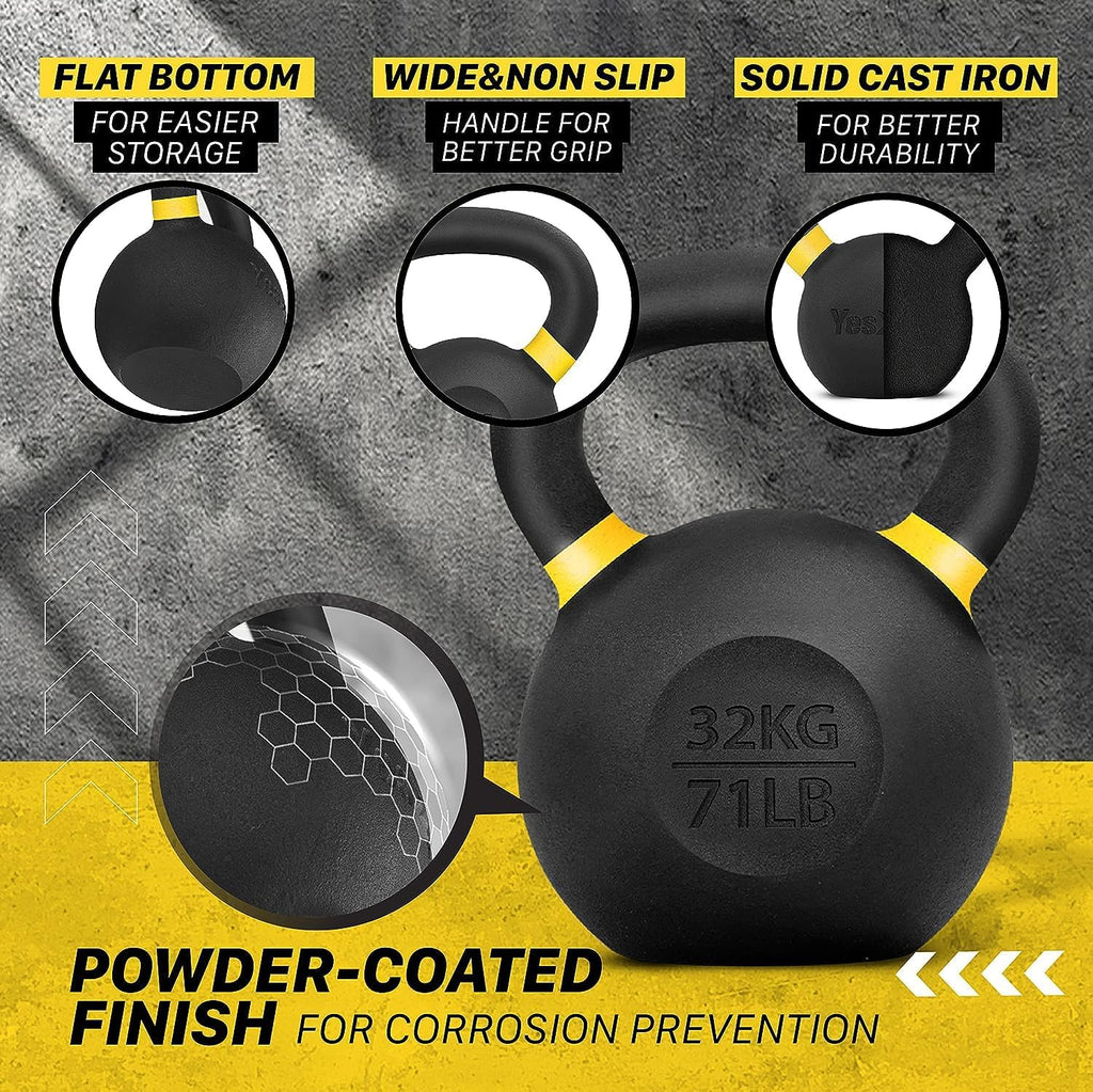 Yes4All Powder Coated Kettlebell, Cast Iron Core Kettlebells with Non-Slip Handle & Flat Bottom for Conditioning, Heavy Duty for Strength Training, 9lb to 71lb - Single & Pair