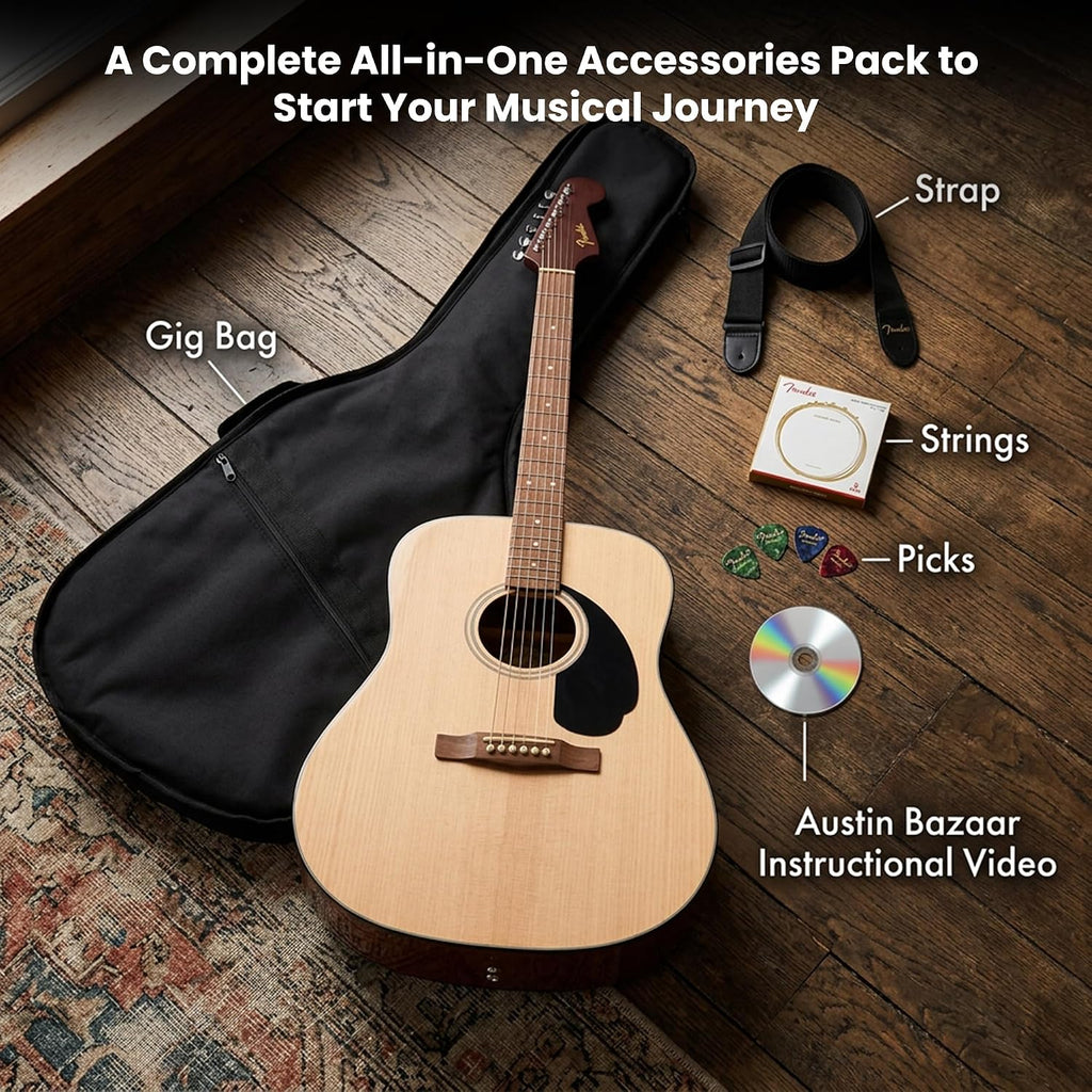 Fender California Redondo Dreadnought Acoustic Guitar - Natural Bundle with Gig Bag, Strap, Strings, Picks, and Austin Bazaar Instructional Video