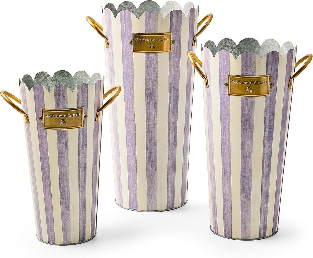 MACKENZIE-CHILDS Set of 3 Galvanized Flower Buckets, Decorative Metal Buckets, Purple-and-White Violet Stripe
