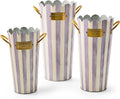 MACKENZIE-CHILDS Set of 3 Galvanized Flower Buckets, Decorative Metal Buckets, Purple-and-White Violet Stripe