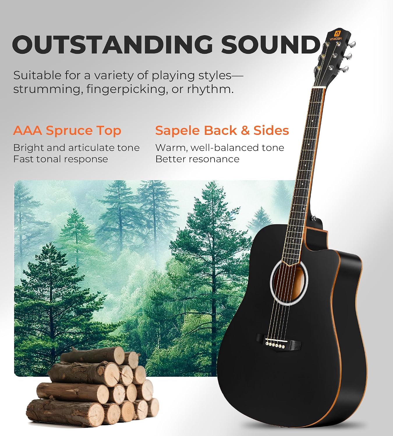 Vangoa 41' Acoustic Guitar Bundle for Adults Beginners Teens Dreadnought Full Size Cutaway Guitarra Acústica Kit with Wooden Bindings, Gig Bag, Tuner, Steel Strings, Capo, Strap, Black