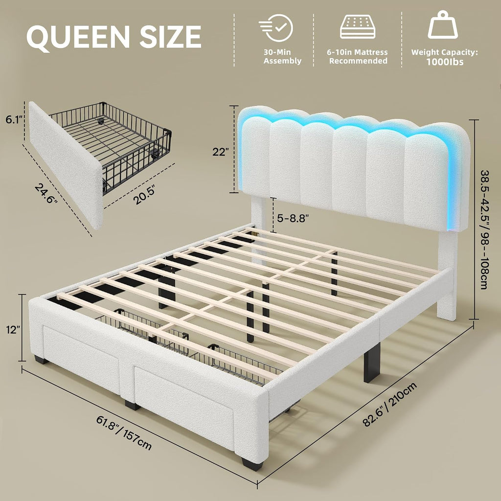 YITAHOME Queen Size Bed Frame with Drawer, Adjustable Headboard with Charging Station and LED Lights, Upholstered Platform Bed with Heavy Duty Wood Slats, No Box Spring Needed, Easy Assembly, Beige