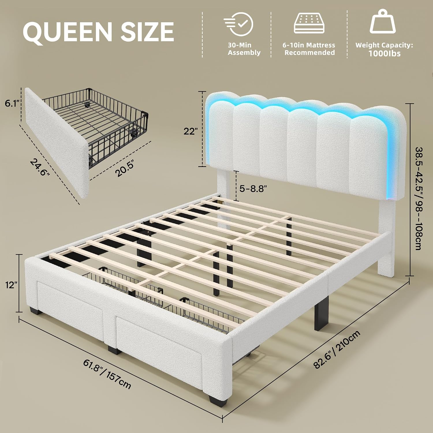 YITAHOME Queen Size Bed Frame with Drawer, Adjustable Headboard with Charging Station and LED Lights, Upholstered Platform Bed with Heavy Duty Wood Slats, No Box Spring Needed, Easy Assembly, Beige