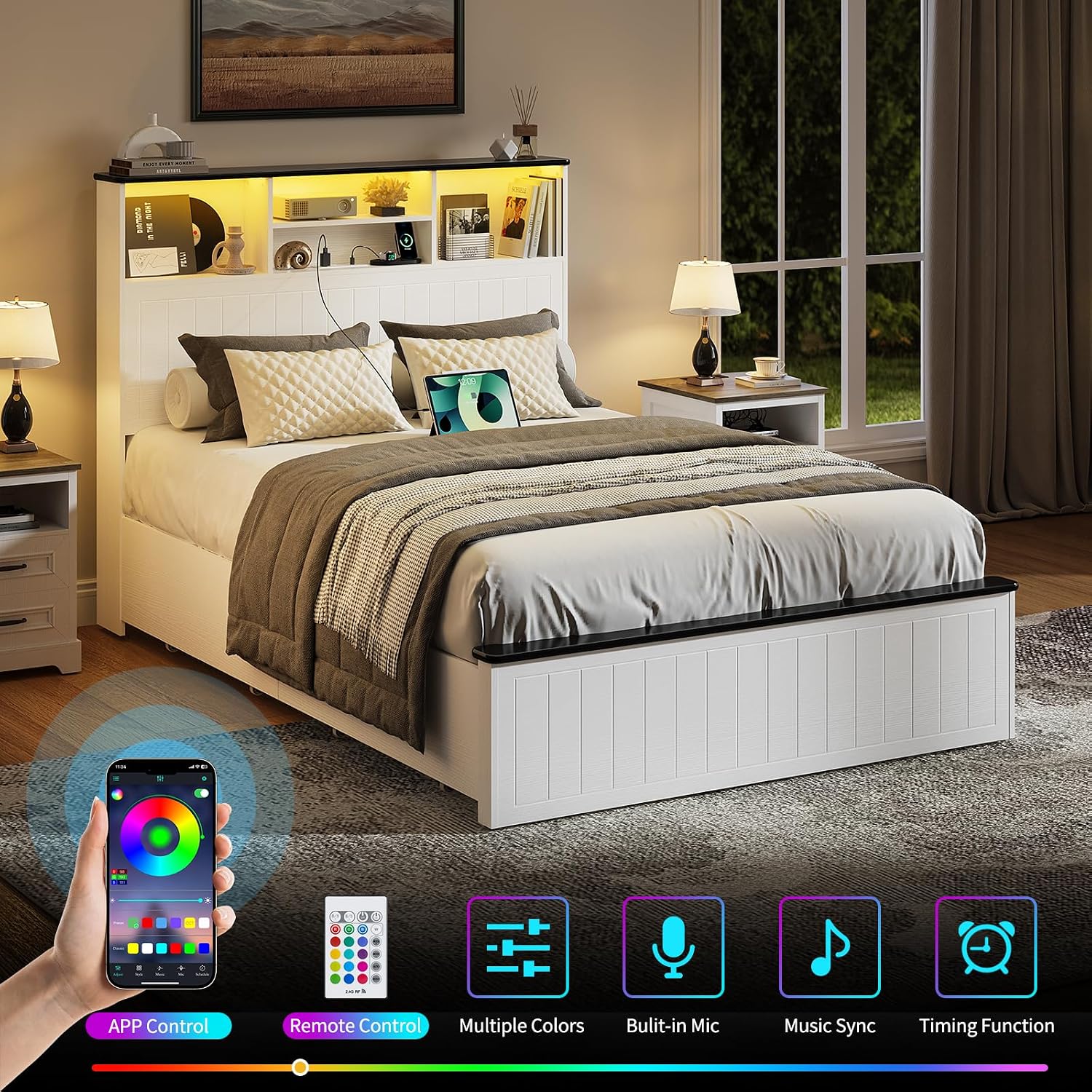 Yoobure Full Size Bed Frame with Headboard - Farmhouse Wood Bed Frames with 4 Storage Drawers, Platform Beds with Charging Station & LED Light, No Noise Double Bedframe, No Box Spring Needed, White