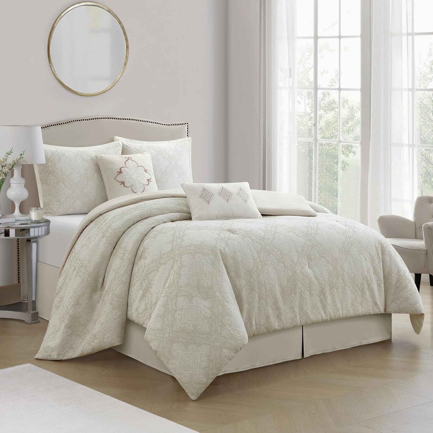 Grand Avenue 6 Piece Cotton White Comforter Set, King Size Jacquard Bedding Set, All Season Geometric Bedding, Matching Pillows, Shams, Bed Skirt