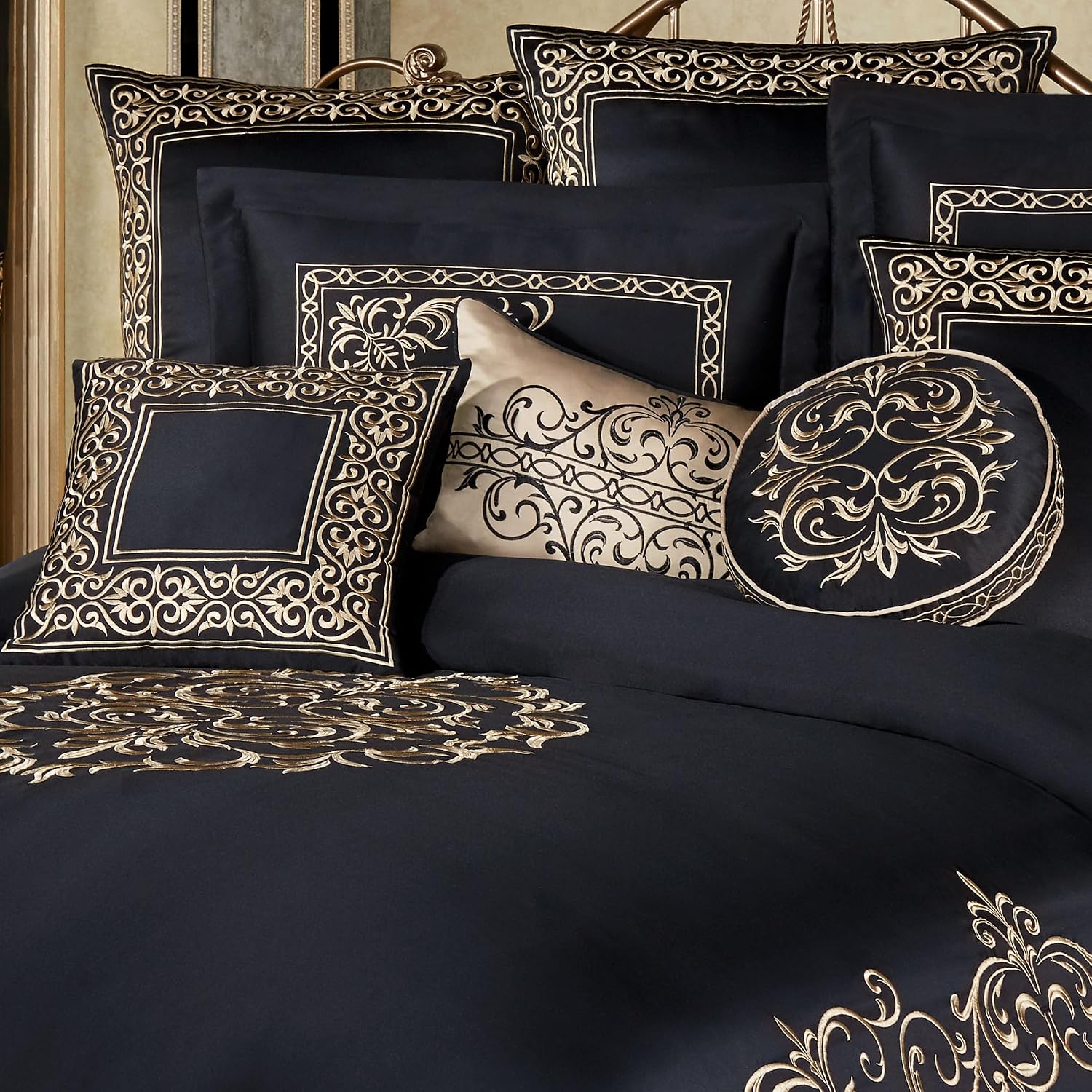 Kensington Luxury Bedding | Classic Black | Palace-Inspired Golden Scrollwork Embroidery | 11 Pc Set with Queen Comforter, Bedskirt, 2 Std Shams, 2 Euro Shams, 2 Euro Pillow Inserts, and 3 Pillows