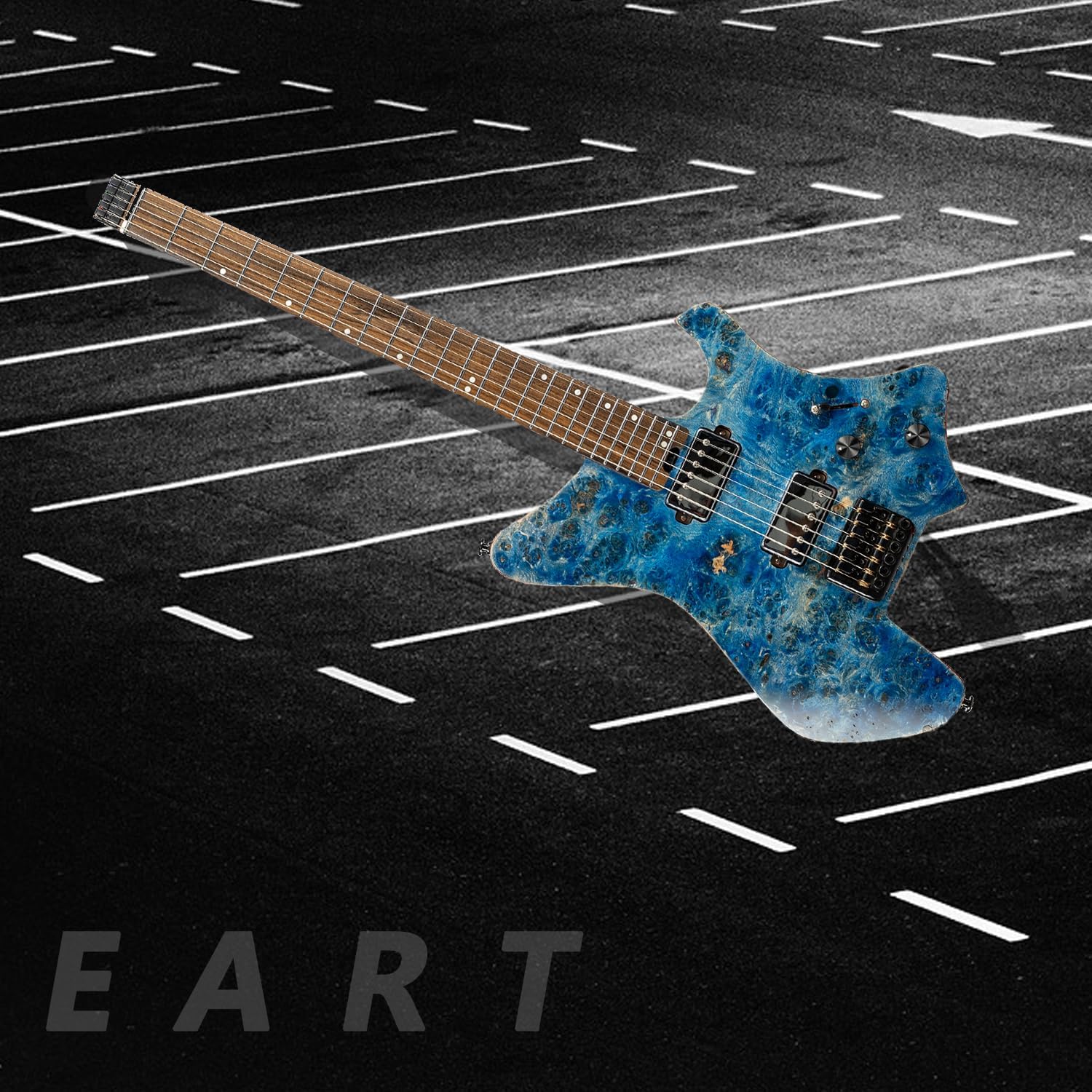 EART Electric Guitar GW2 Headless fix Bridge for 6 String Travel Guitar Small But Full-scale Guitar Ultra-Light For Travel and Performance Right Solid-Body Electric Guitar, Blue