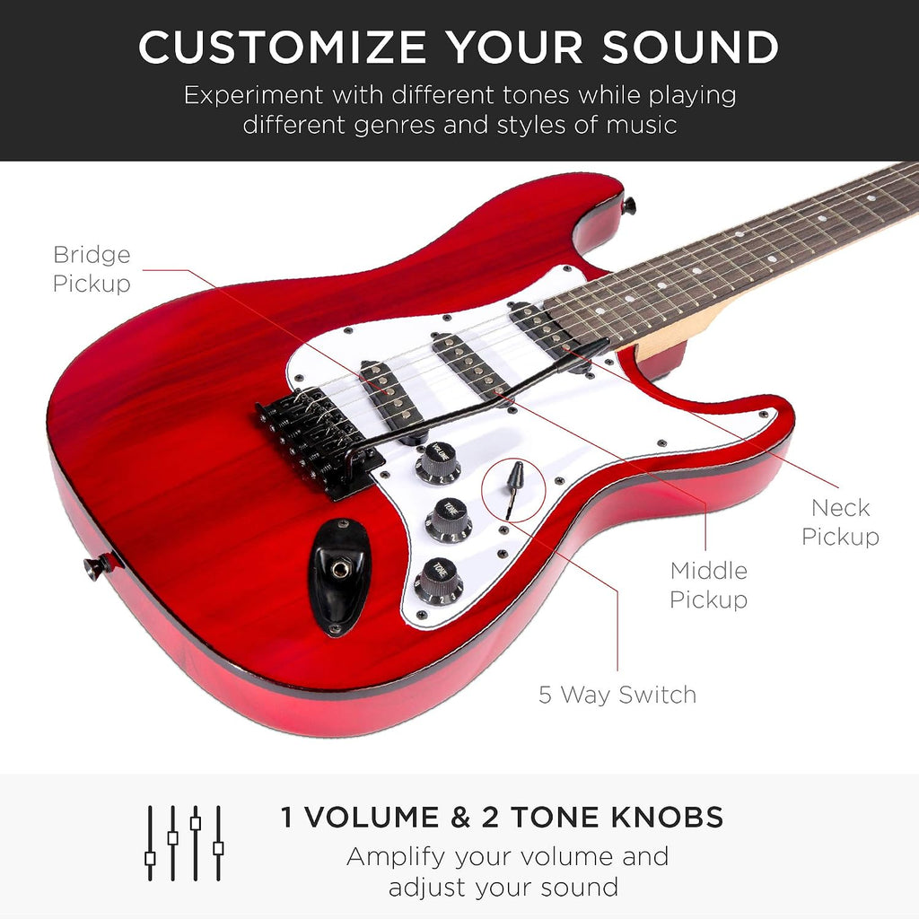 Best Choice Products 39in Full Size Beginner Electric Guitar Starter Kit w/Case, Strap, 10W Amp, Strings, Pick, Tremolo Bar - Cherry Red