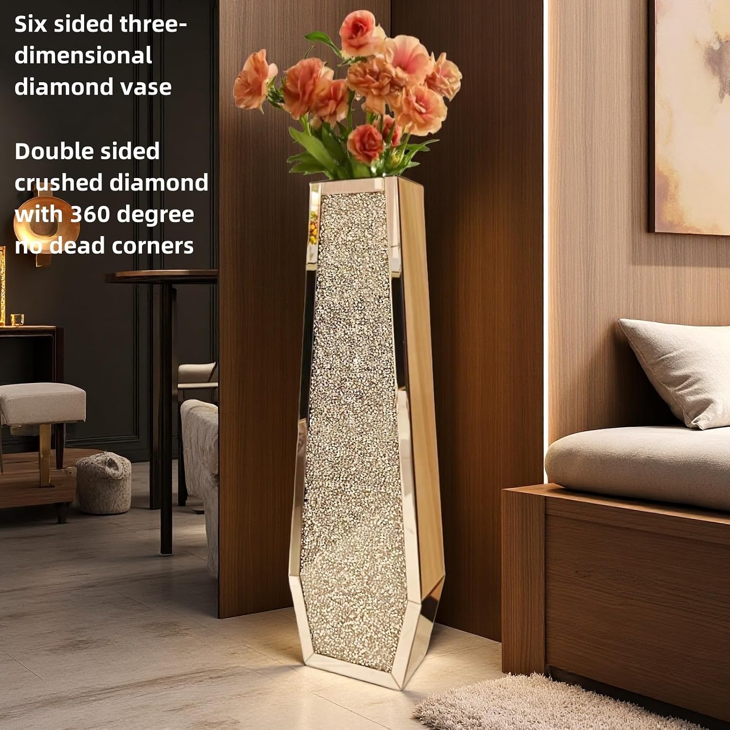 36' Extra Tall Double Sided Crushed Diamond Vases,Six Sided Three-Dimensional Diamond Vase,Extra Large Mirrored Silver Crystal Vase for Home,Office,Hotel(10.6' Lx5.37 W x 36' H)