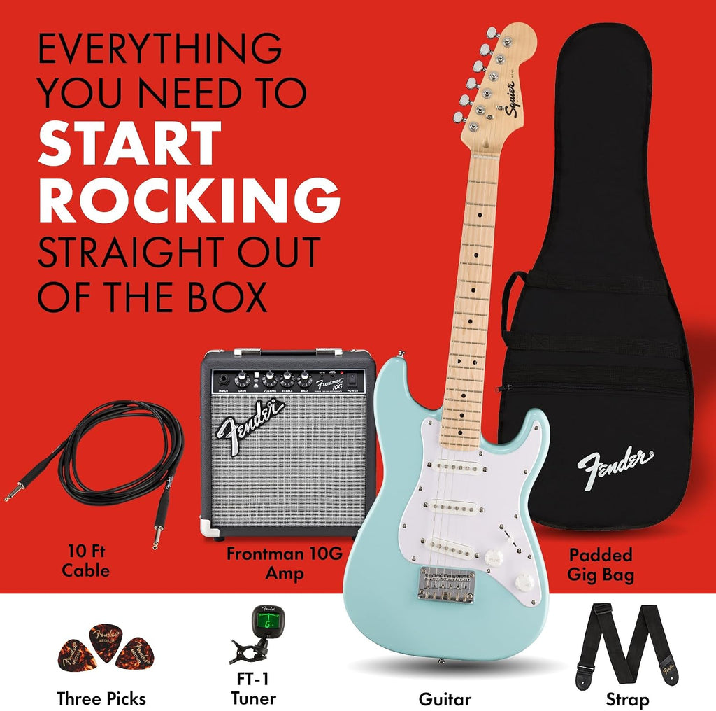 Fender Mini Stratocaster Electric Guitar Kit, Beginner Guitar Kit, with 2-Year Warranty, with Frontman 10G Amp, Padded Gig Bag, Strap, Cable, Tuner, and Picks, Daphne Blue