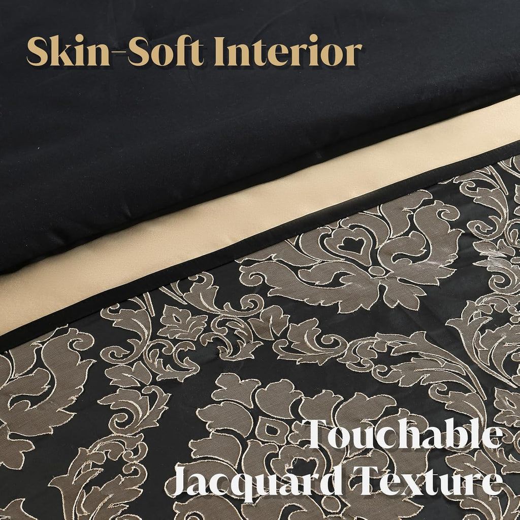 CozyDH Black and Gold Jacquard Comforter Set Queen - 7 Piece Luxury Damask Medallion Patchwork Bed in a Bag, All Season Down Alternative Bedding with Bed Skirt, Shams, Decorative Pillows, 90x90 in