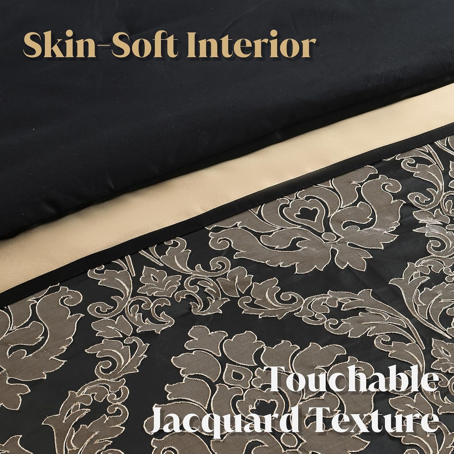 CozyDH Black and Gold Jacquard Comforter Set Queen - 7 Piece Luxury Damask Medallion Patchwork Bed in a Bag, All Season Down Alternative Bedding with Bed Skirt, Shams, Decorative Pillows, 90x90 in