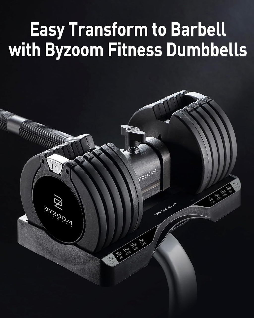 BYZOOM FITNESS Pure Series Easy Bar Exclusive for BYZOOM FITNESS 12.5/25/27.5 lb Adjustable Dumbbell to Barbell for Weight Training Fitness Exercise Full Body Workout for Home Gym Woman Beginner, White or Black