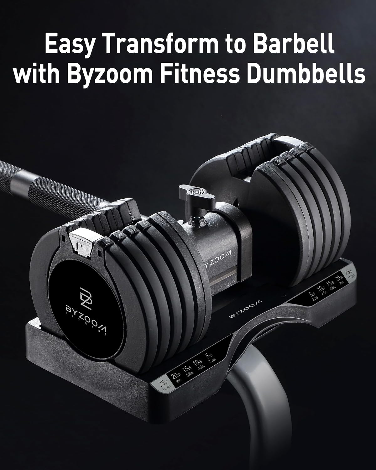 BYZOOM FITNESS Pure Series Easy Bar Exclusive for BYZOOM FITNESS 12.5/25/27.5 lb Adjustable Dumbbell to Barbell for Weight Training Fitness Exercise Full Body Workout for Home Gym Woman Beginner, White or Black