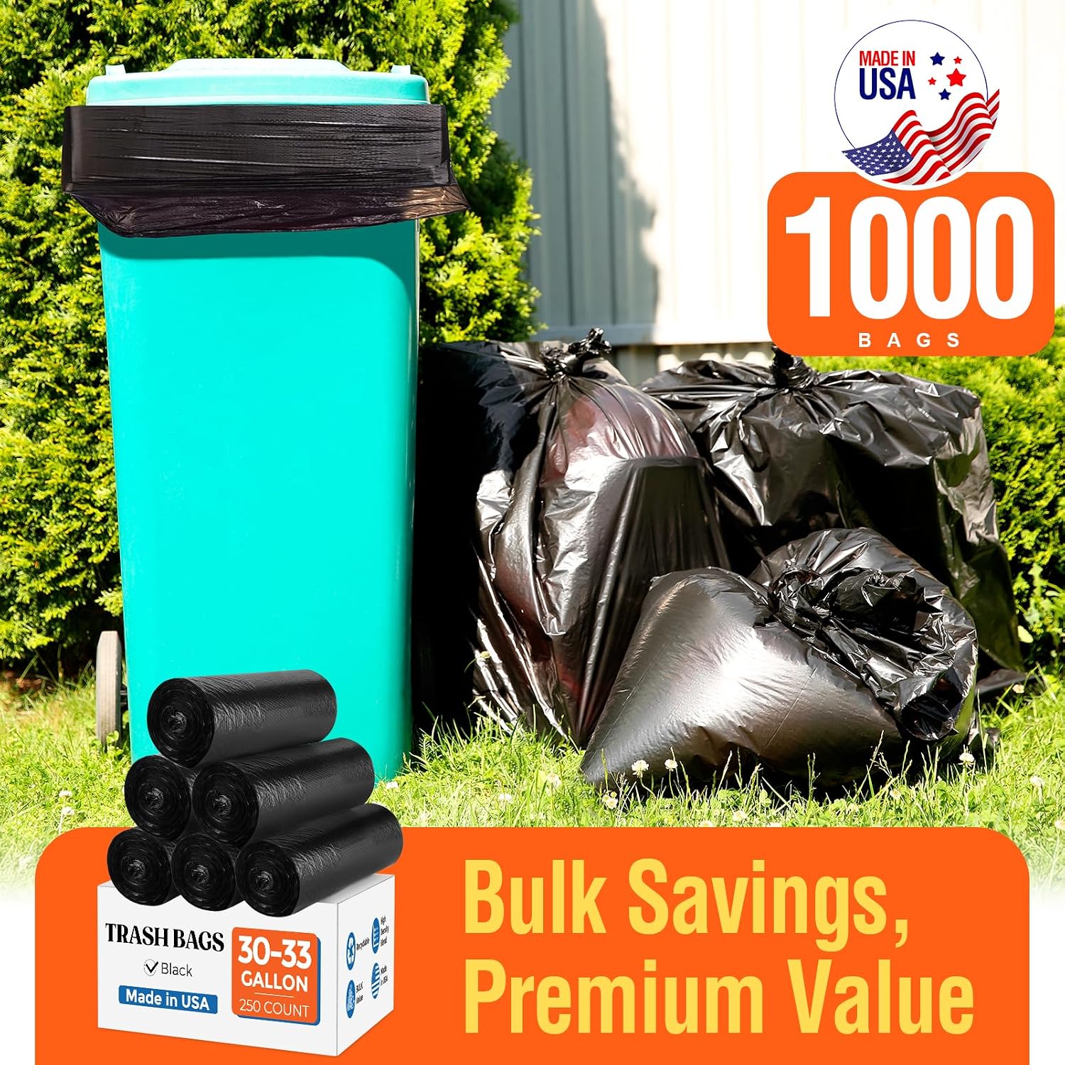Delxo 30-33 Gallon Trash Bags, 1000 Count – 0.6 Mil Medium Duty Garbage Bags, Durable Plastic Bolsas para basura, Perforated Design– Made in USA for Kitchen, Yard, Office (Black)