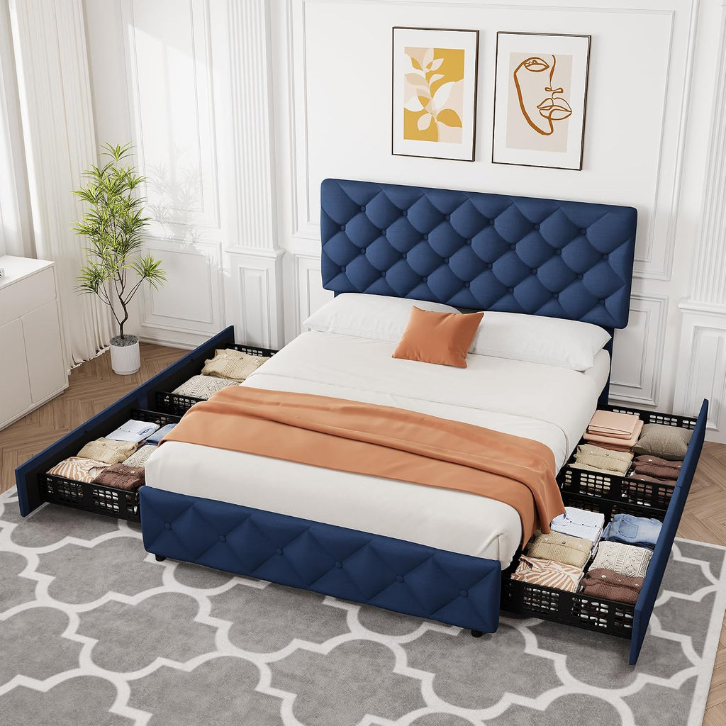 GAOMON Full Size Bed Frame with 4 Storage Drawers, Linen Upholstered Platform Bed Frame with Headboard and Footboard, Wooden Slats Support, Diamond Stitched Button Tufted, No Box Spring Needed, Blue