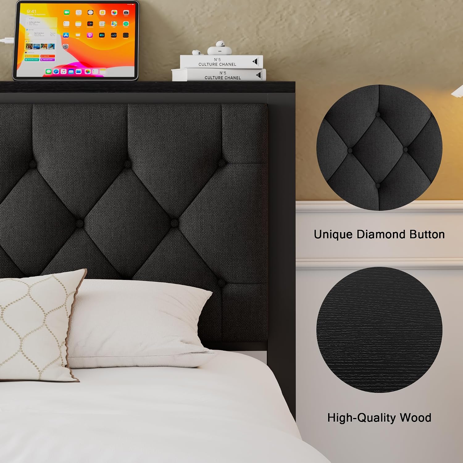 Einhomn Full Size Bed Frame with 2 Storage Drawers, Metal Platform Bed with Charging Station, Upholstered Linen Button Tufted Storage Headboard, No Box Spring Needed, Easy Assembly, Noise Free, Black