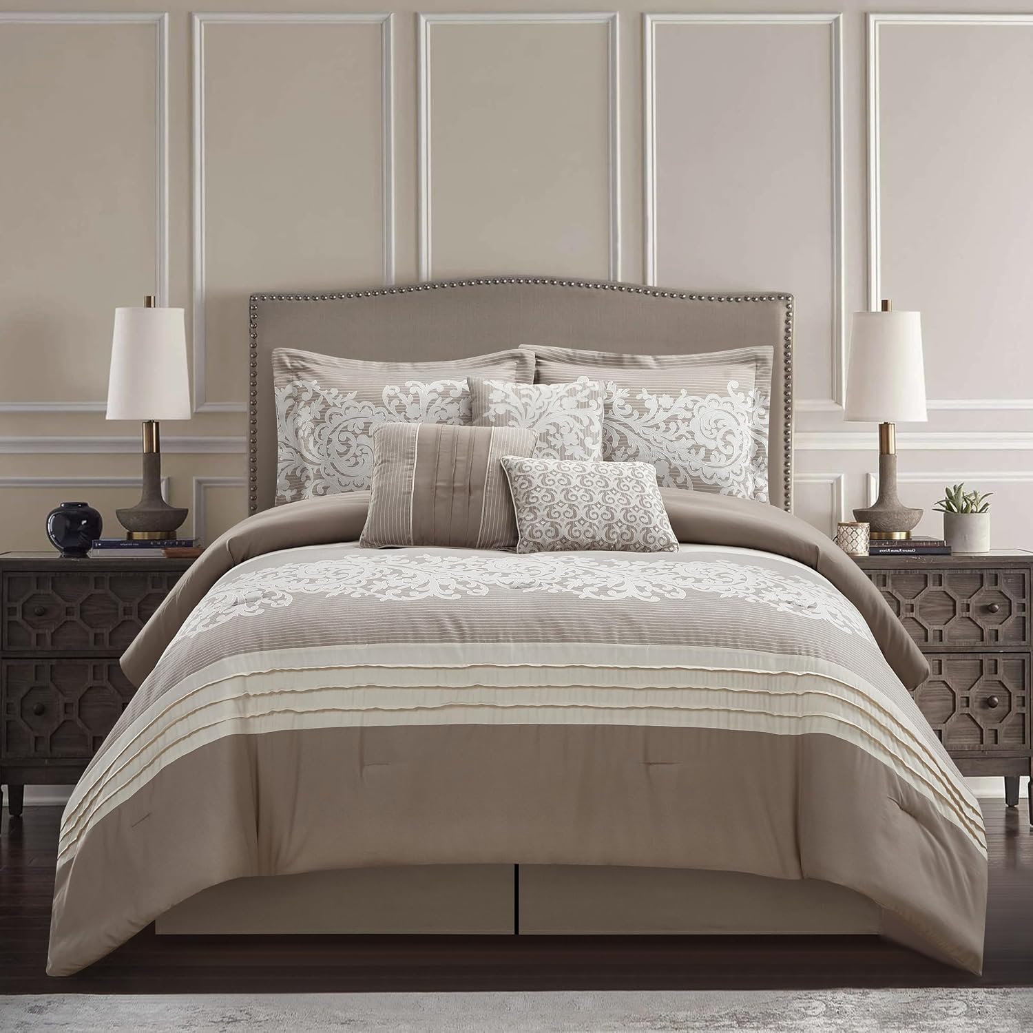 Grand Avenue Taupe Bed Comforter King Set, 7 Piece, Ultra Soft, Premium Microfiber, Pillow Shams Bedskirt, Jacquard Floral Beddings