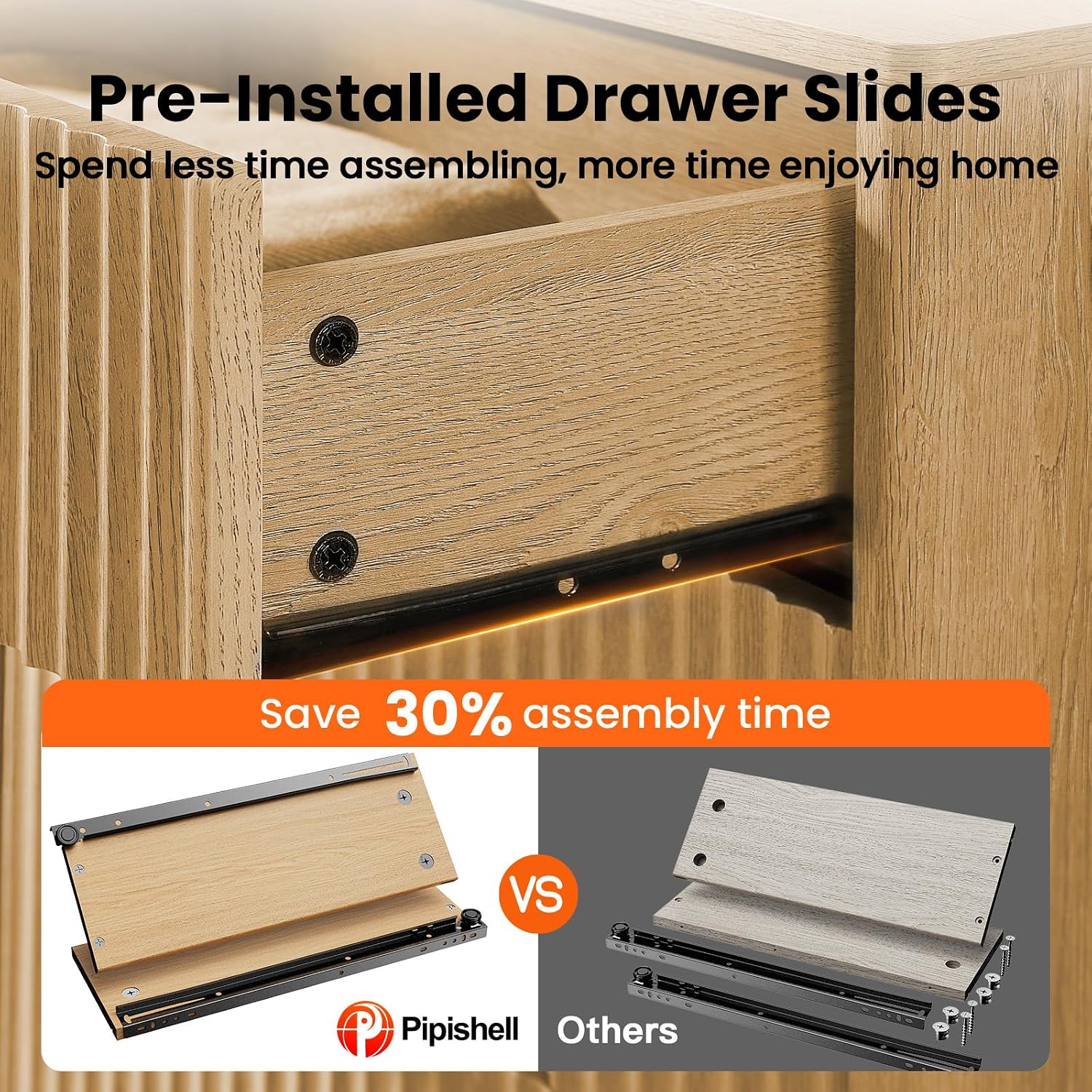 Pipishell Fluted Dresser for Bedroom, Wide Wooden Dresser with 6 Deep Drawers, Closet Storage Organizer with Round Corner & Pre-Installed Slides, Modern Chests of Drawers for Bedroom, Natural Oak