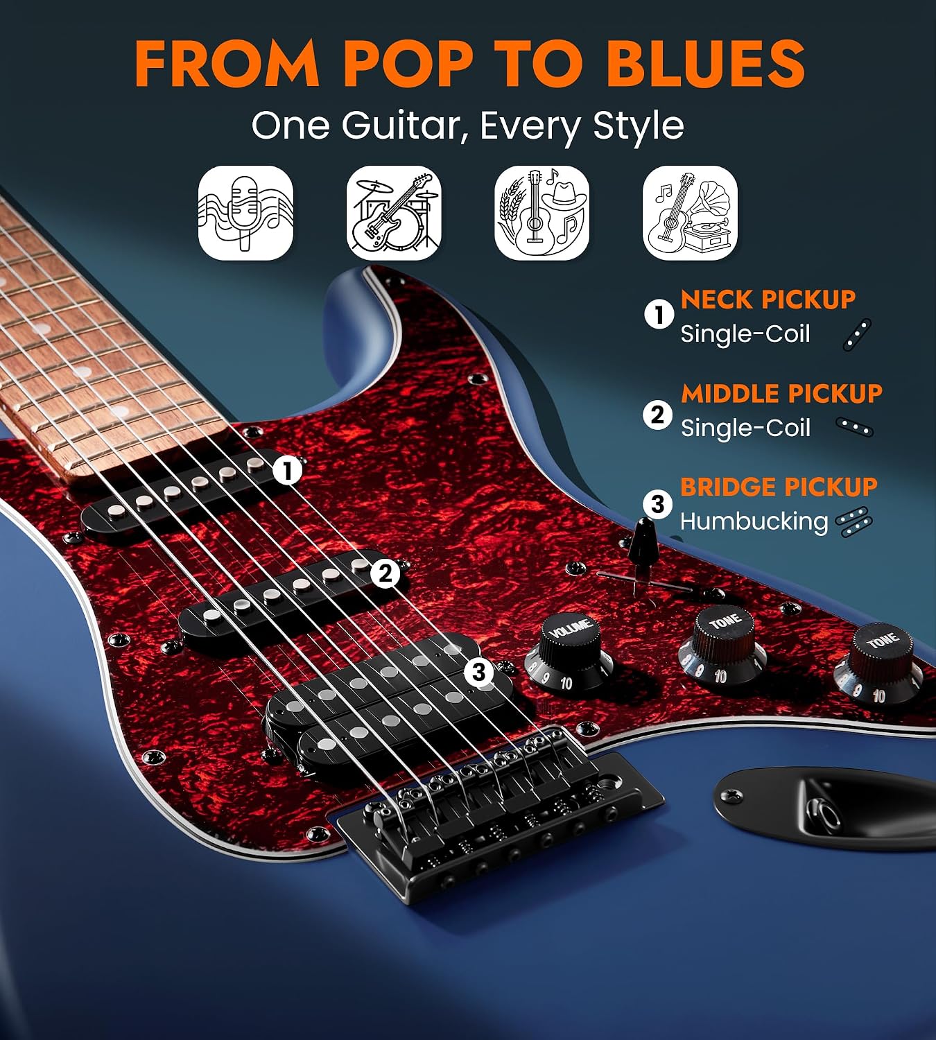 Tostar Electric Guitar Kit with Amp SSS Pickup Beginner Electric Guitar with Gig Bag,Capo,Tremolo, Strap, Picks Stratocaster 39' Full Size Electric Guitars Heavy Metal 6 String for Gifts Satin Blue