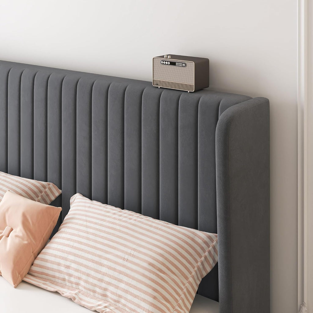 SHA CERLIN Full Size Velvet Bed Frame with Vertical Channel Tufted Wingback Headboard, Upholstered Platform Bed with Wood Slats, No Box Spring Needed, Easy Assembly, Grey