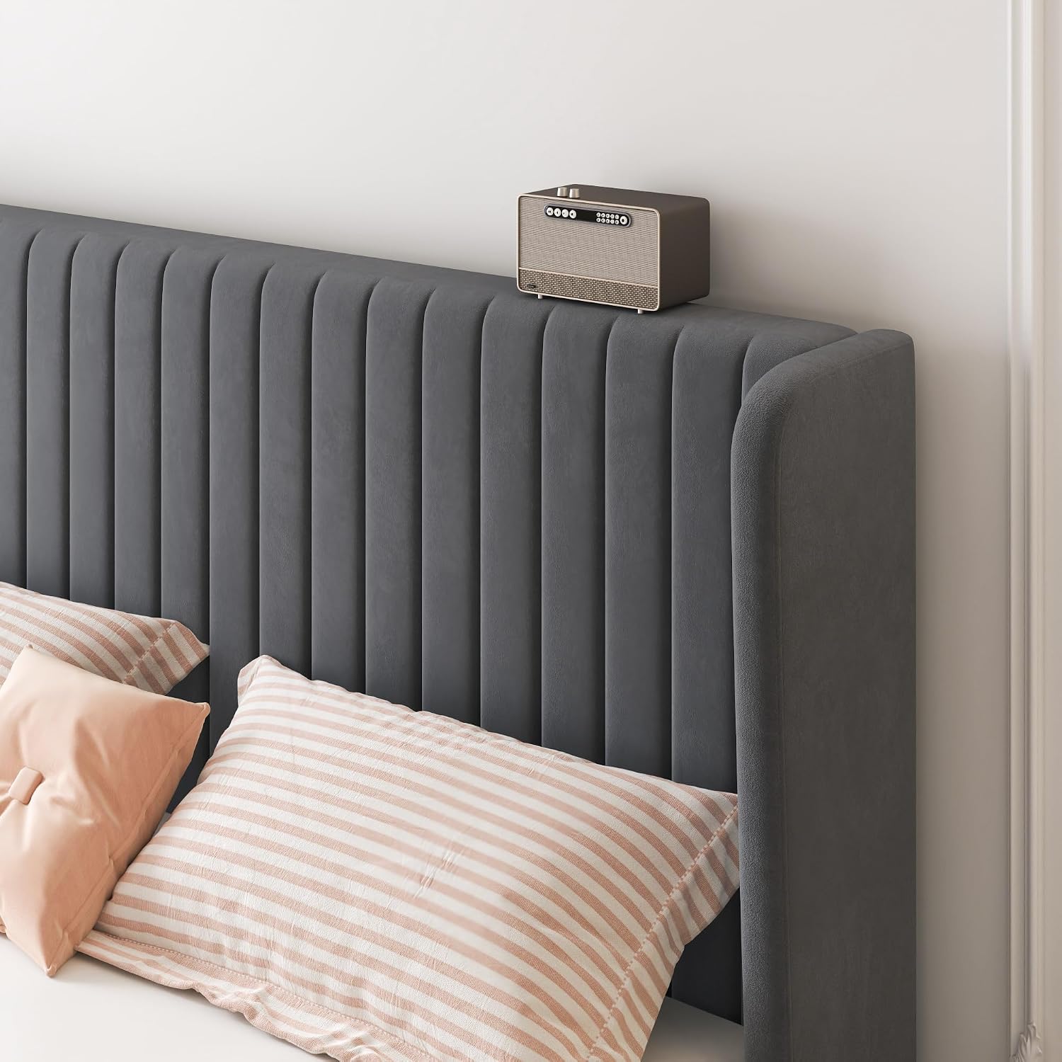 SHA CERLIN Full Size Velvet Bed Frame with Vertical Channel Tufted Wingback Headboard, Upholstered Platform Bed with Wood Slats, No Box Spring Needed, Easy Assembly, Grey