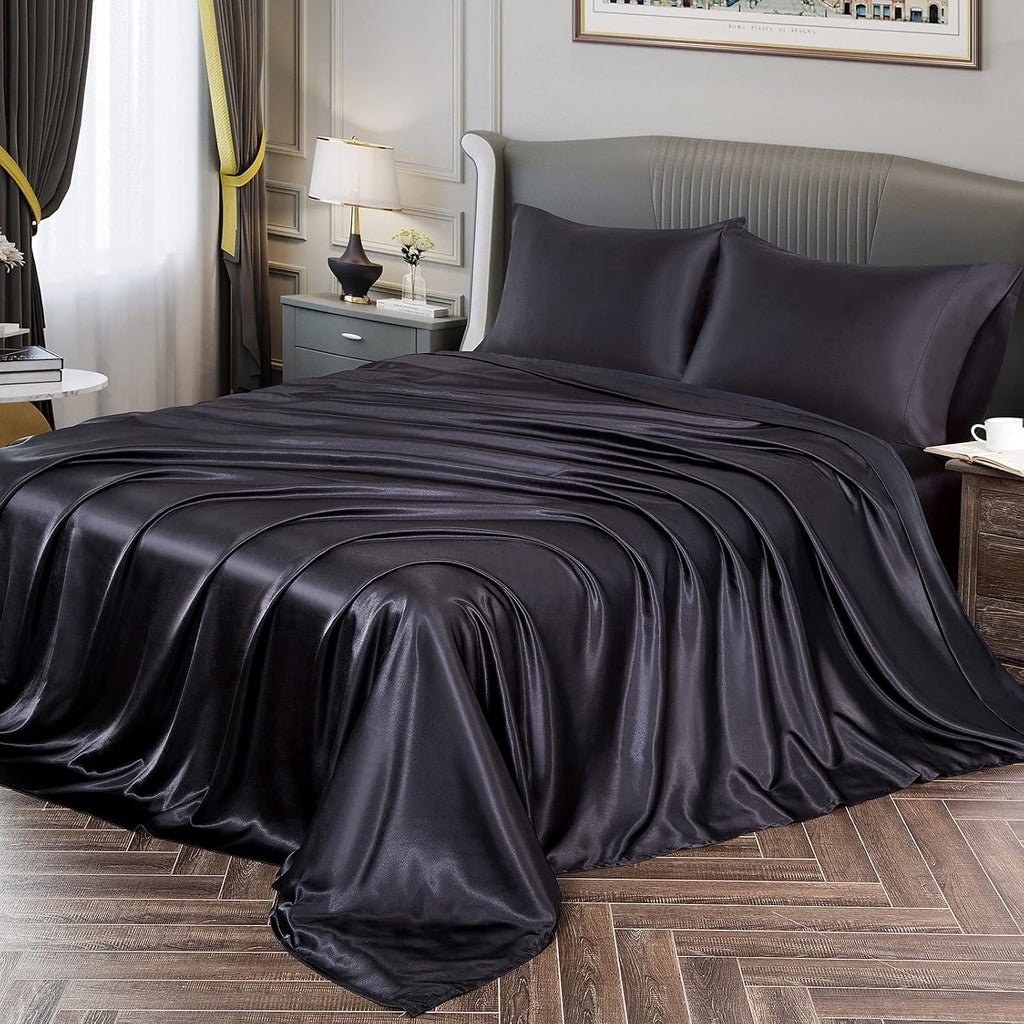 100% Mulberry Silk Sheet Set - 25 Momme Grade 6A, 21 Inch Deep Pocket, Luxurious Bed Sheets for Ultimate Comfort,Twin/Twin XL-Black