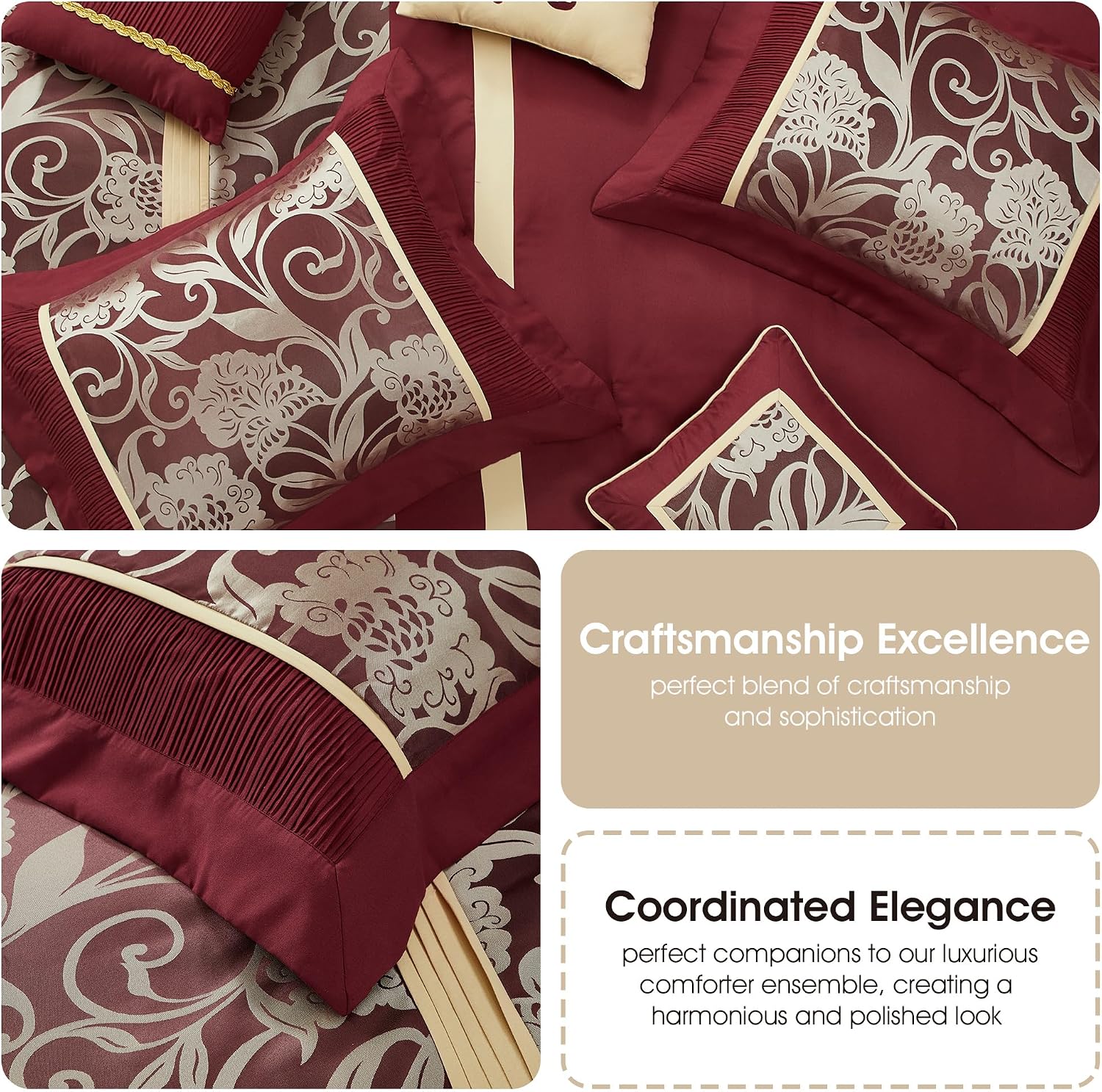 Grand Avenue Black and Red Comforter Set King Size, 7 Piece Jacquard Floral Bedding Set, All Season, Ultra-Soft, Matching Pillows & Shams, Bed Skirt