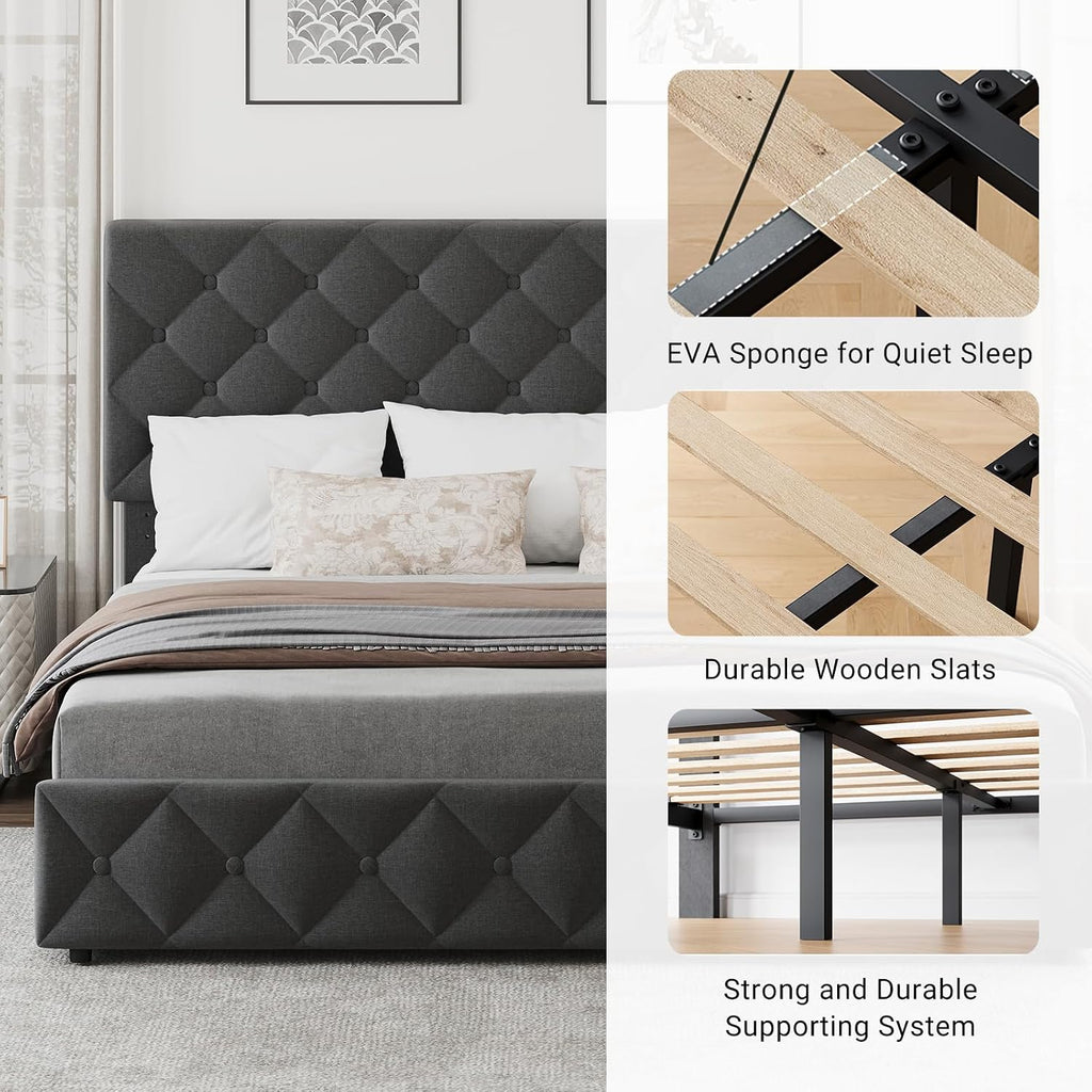 King Size Bed Frame with 4 Storage Drawers & Headboard, Linen Upholstered Platform Bed Frame, Stylish Diamond Tufted Design, No Box Spring Needed | Grey