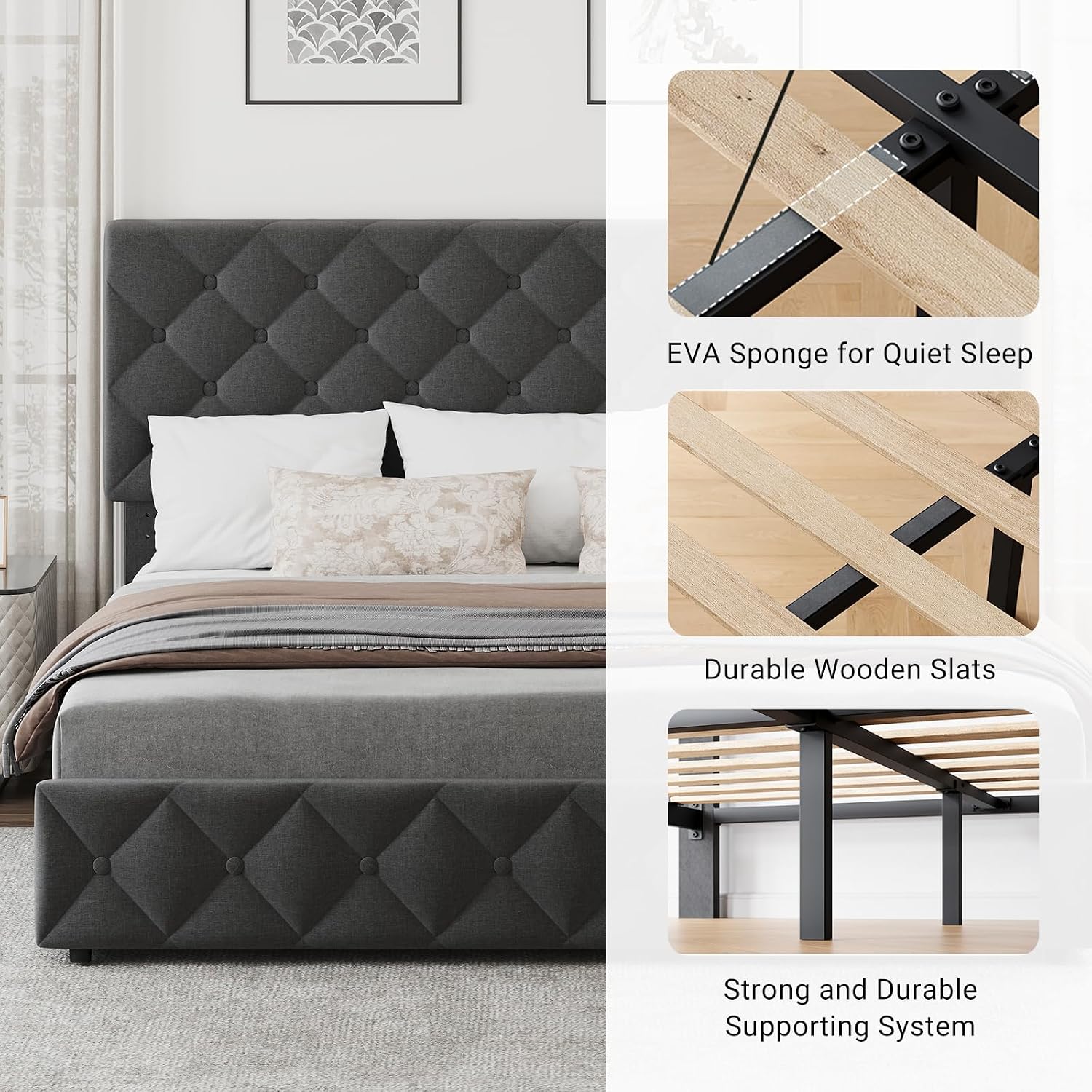 King Size Bed Frame with 4 Storage Drawers & Headboard, Linen Upholstered Platform Bed Frame, Stylish Diamond Tufted Design, No Box Spring Needed | Grey
