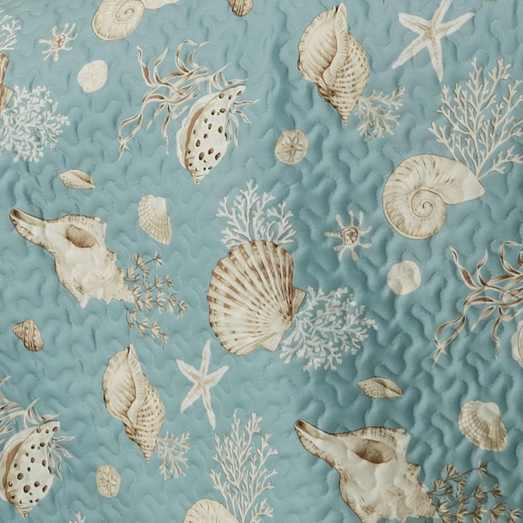 Seabreeze Coastal Beach Polyester Bedding | All Season Quilted | Shell Starfish Coral Stripe | Aqua Teal Ivory Cream | 5 Pc Set: Twin Bedspread, 1 Standard Sham, 2 Square Pillows, 1 Rectangle Pillow