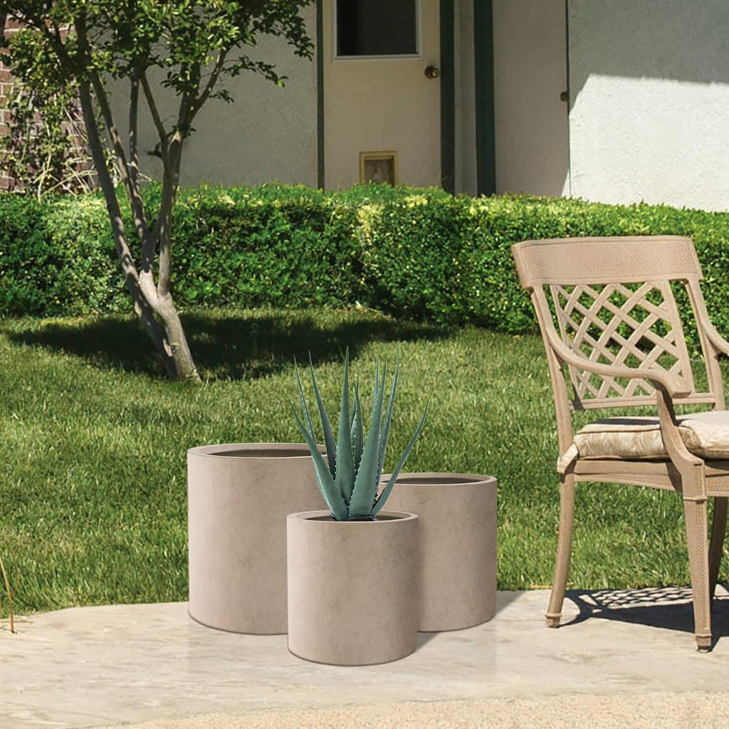Kante Set of 3 Concrete Planters, Graduated Cylinders 9.8' to 15.7' H 9.8',12.6',15.7' Dia Lightweight Round Pots with Drainage Hole Rubber Plug, Weathered Concrete for Indoor Outdoor, Home Garden