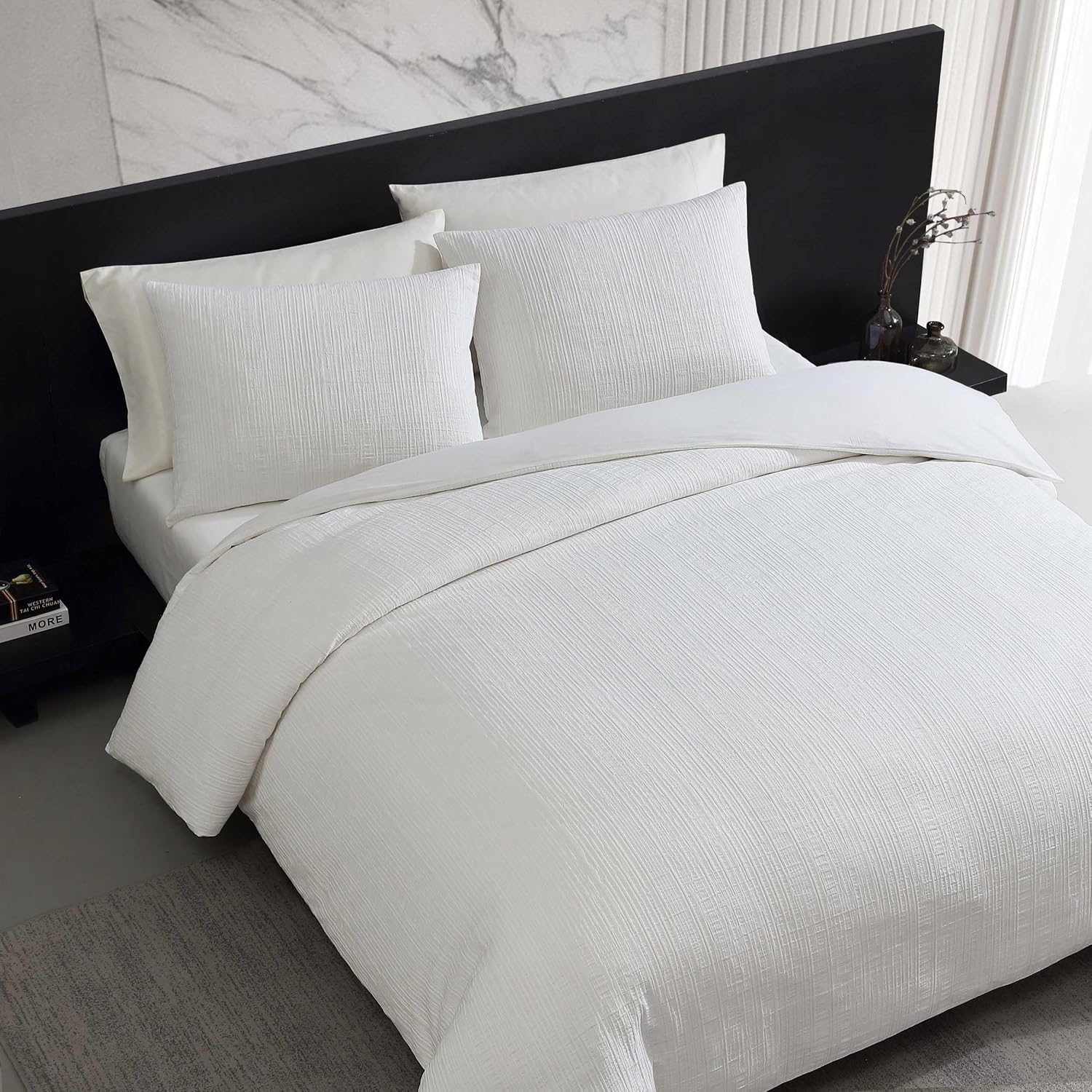 Vera Wang - Comforter Set, Luxurious Bedding Set with Matching Shams, Grid Pattern Design, Chic Room Essentials (Bark Texture White, Queen)