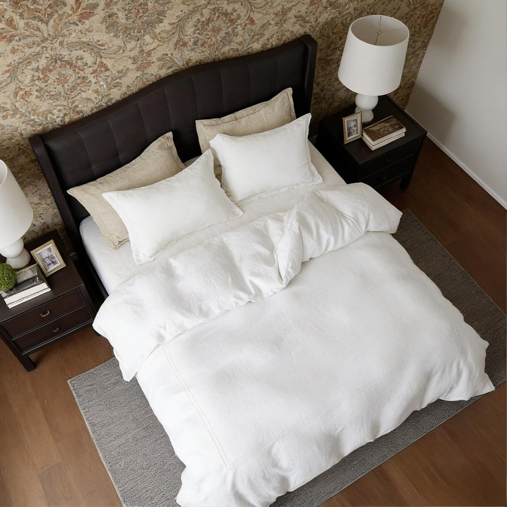 Simple&Opulence 100% Washed Linen Duvet Cover Set 104'x92' - 3 Pieces Soft Farmhouse Comforter Cover Set Double Embroidered with Button Closure - 1 Duvet Cover and 2 Pillowcases (White, King)