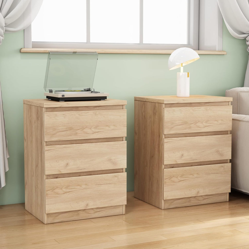 Nightstand with Drawers, Bedside Table with Drawers, Sofa Side Table Storage Cabinet, Night Stand for Bedroom Living Room (2, 3 Drawers Nature)