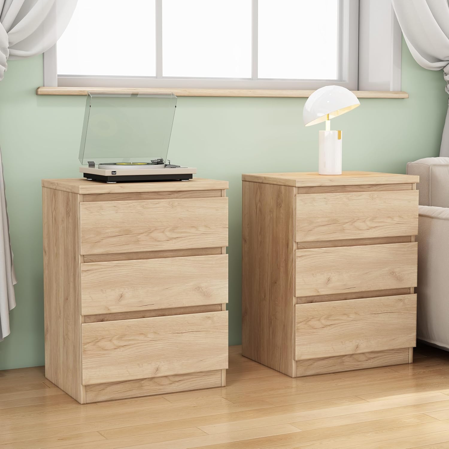 Nightstand with Drawers, Bedside Table with Drawers, Sofa Side Table Storage Cabinet, Night Stand for Bedroom Living Room (2, 3 Drawers Nature)
