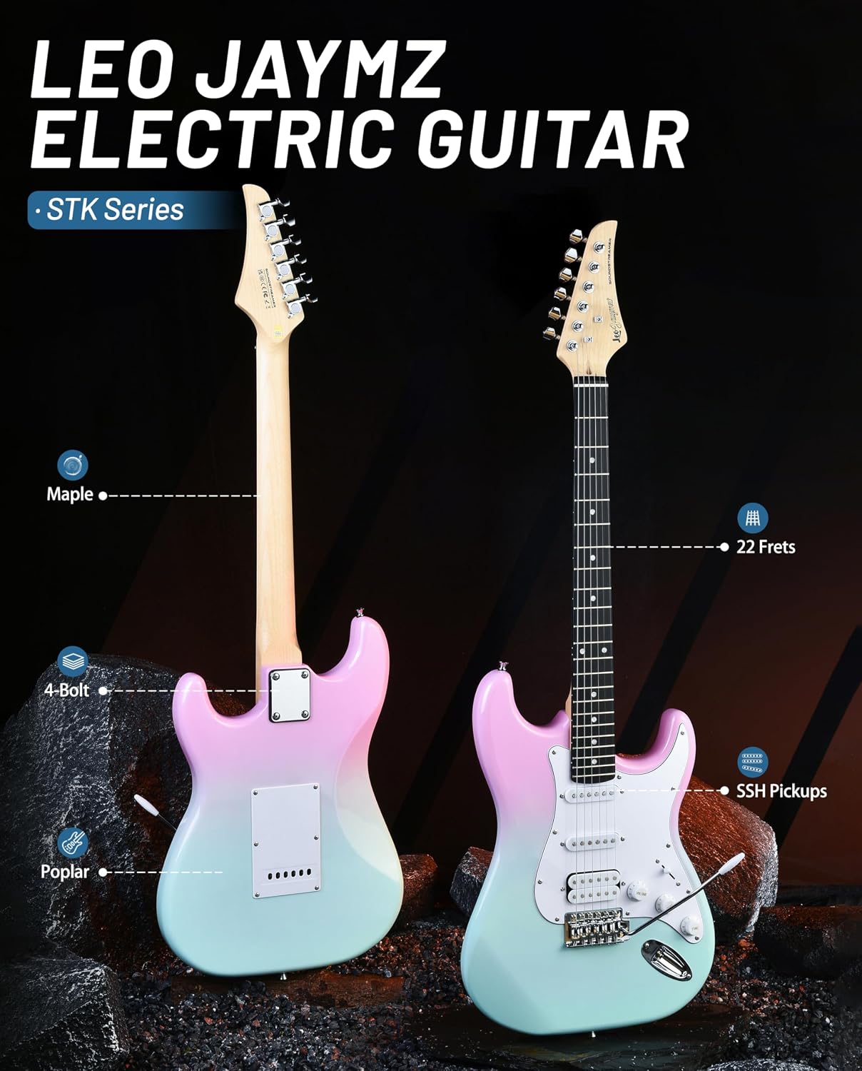Leo Jaymz Beginner Electric Guitar 39' Kit with Portable Amplifier, Padded Gig Bag, Digital Tuner，Capo，Strap，Picks，HSS Pickups (Pink-Cyan Fade-HSS)