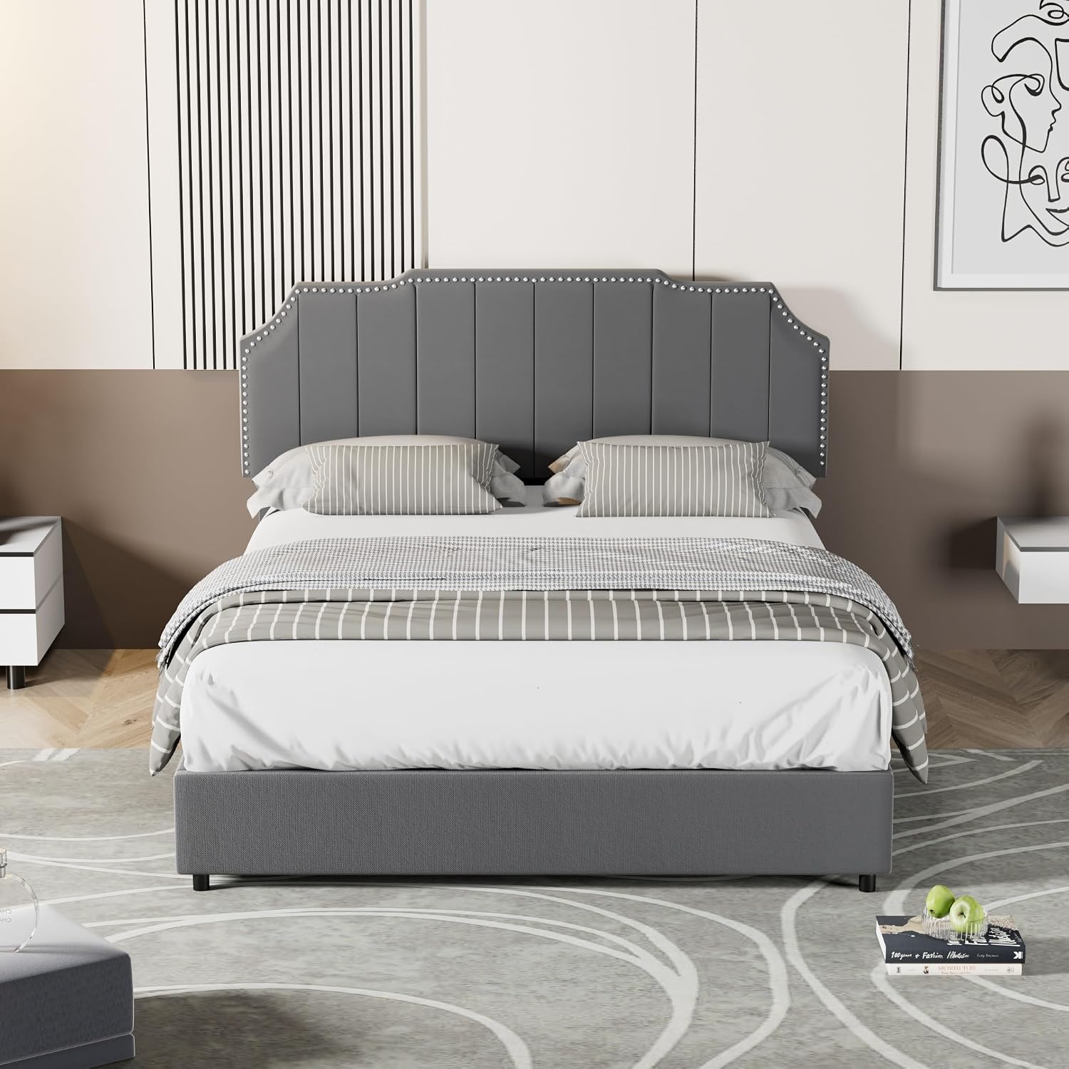 VECELO Full Bed Frame 4 Storage Drawers & Upholstered Platform &Tufted Adjustable Headboard/Mattress Foundation/Wood Slat Support,Easy Assembly,Dark Grey