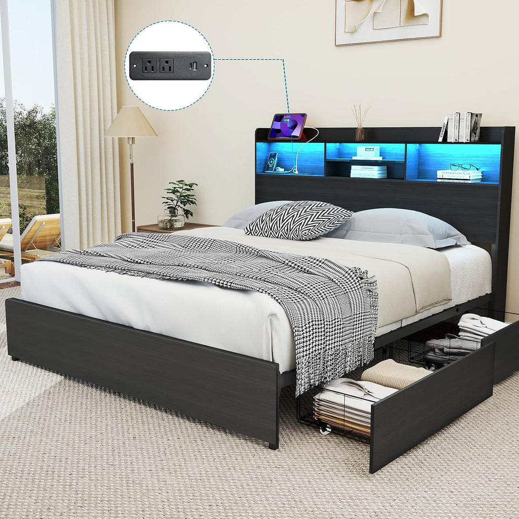 Kiivakii Full Size Bed Frame with 4 Storage Drawers, LED Headboard with Charging Station, Metal Bed Frames, No Box Spring Needed, Noise Free, Stable and Solid, Black