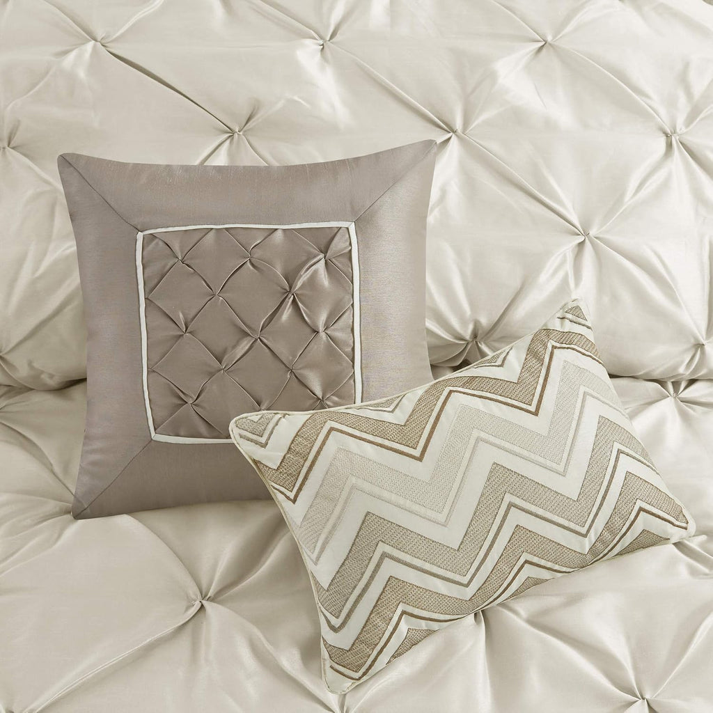 Madison Park Laurel Cozy Comforter Set - Traditional Tufted Faux Silk Design, All Season Down Alternative Bedding with Matching Shams, Decorative Pillow, Ivory King(104'x92') 7 Piece