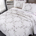 Quilt Set Purple Floral 3D Embroidery Pattern 3 PCS 100% Cotton Reversible Quilted Embroidered Decorative Bedspreads Coverlet Set, Lightweight &Soft Full Size White Bedding Coverlet for All Season