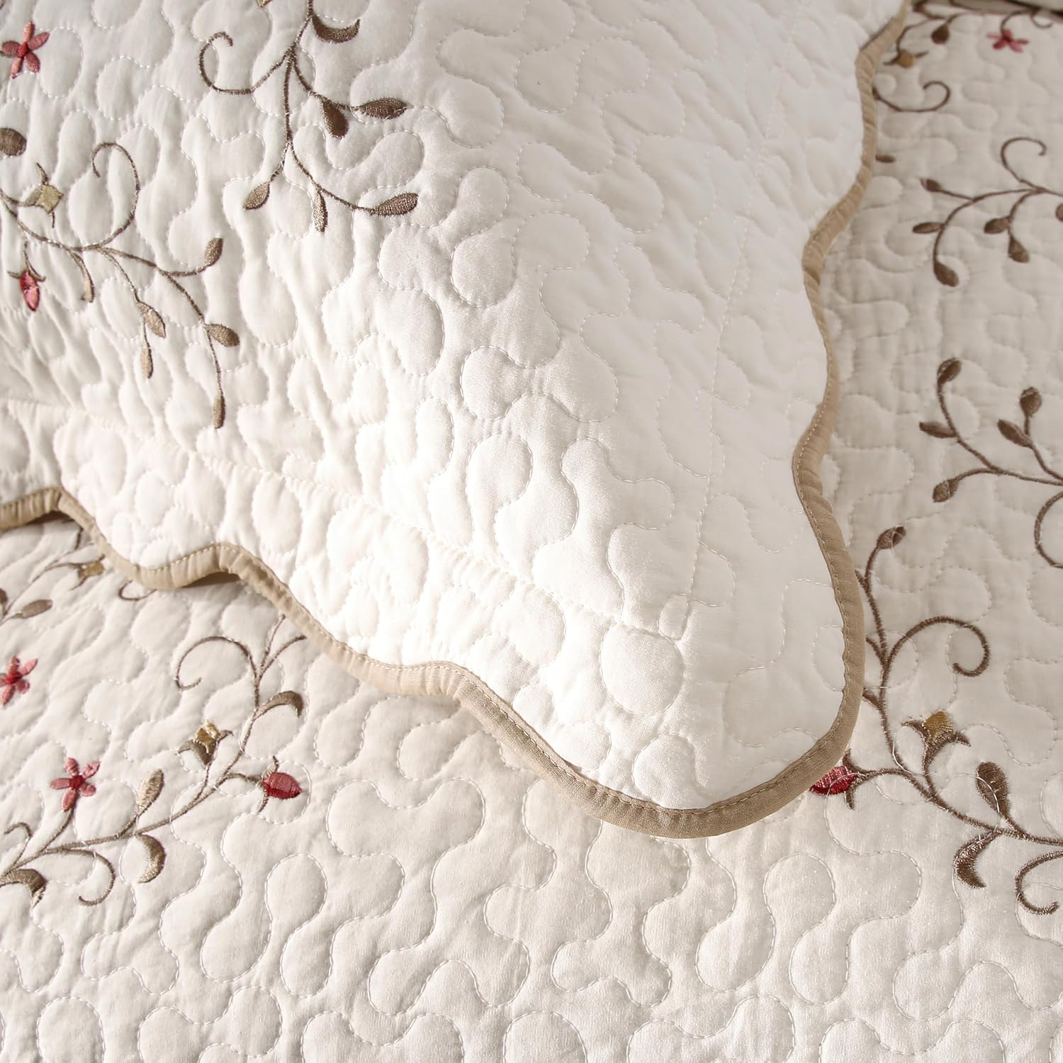 ROOMLIFE Quilt Set Floral Leaves 3D Embroidery Pattern 3 PCS Cotton Reversible Quilted Embroidered Decorative Bedspreads Coverlet Set, Lightweight &Soft Queen Size Bedding Coverlet for All Season