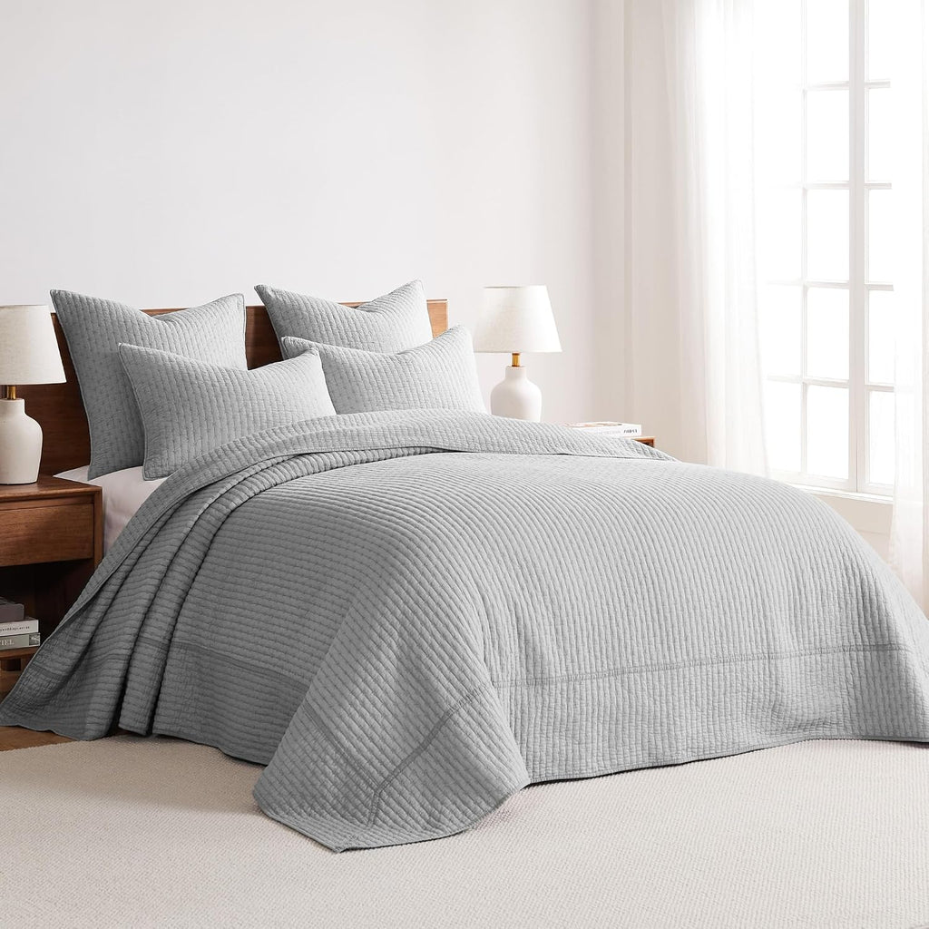Levtex Home Cross Stitch Reversible King Bedspread Set (120x104in) with 2 Pillow Shams (36x20in) - Stitch Texture - Light Grey - Cotton King Size Bedspread Set - Soft, Pre-Washed